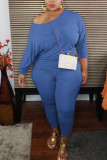 Blue Fashion Sexy Adult Ma'am Solid Two Piece Suits Stitching O Neck Plus Size