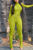 Fluorescerend groen Work Daily Solid Chains Skinny Jumpsuits met O-hals