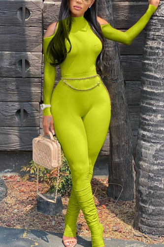 Fluorescent green Work Daily Solid Chains O Neck Skinny Jumpsuits