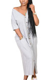 Grey Fashion Casual Adult Solid Pocket Buttons V Neck Half Sleeve Ankle Length Straight Dresses