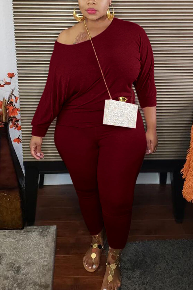 

Wine Red Fashion Sexy Adult Ma'am Solid Two Piece Suits Stitching O Neck Plus Size