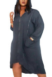 Black Fashion Sexy Adult Solid Pocket Hooded Kraag Negen Punten Mouw Mid Calf Lange Mouw Jurk Jurken
