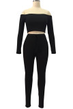 Black Fashion Sexy Adult Solid Patchwork Bateau Neck Long Sleeve Regular Sleeve Short Two Pieces