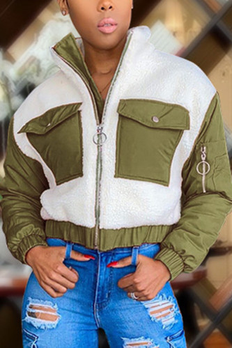 Prendas de abrigo con cuello mandarín de patchwork para adultos casuales de moda verde