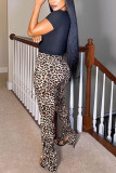 Calças skinny com estampa de leopardo moda casual adulto sarja de cetim com fenda