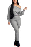 Grey Fashion Daily Adult Solid Patchwork Oblique Collar Long Sleeve One Shoulder Regular Two Pieces
