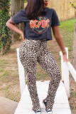 Leopard print Fashion Casual Adult Twilled Satin Leopard Slit Skinny Bottoms