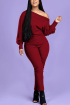 Wine Red Fashion Casual Adult Polyester Solid One Shoulder Skinny Jumpsuits