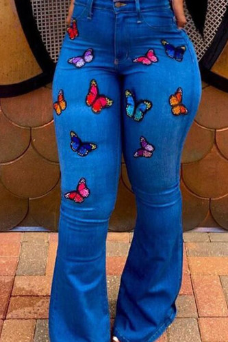 Dark Blue Casual Denim Print Embroidered Skinny Bottoms