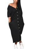 Black Fashion Casual Adult Solid Pocket Buttons V Neck Half Sleeve Ankle Length Straight Dresses