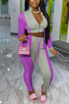 Фиолетовый модный повседневный однотонный лоскутный воротник на молнии с длинным рукавом из двух частей