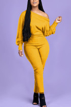 Yellow Fashion Casual Adult Polyester Solid One Shoulder Skinny Jumpsuits