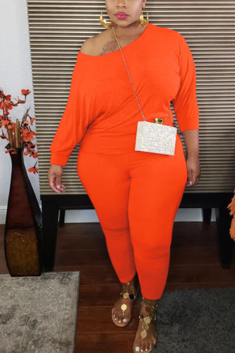 Orange Fashion Sexy Adult Ma'am Solid Two Piece Suits Stitching O Neck Plus Size