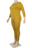 Желтый модный сексуальный взрослый мэм твердые двухкомпонентные костюмы с круглым вырезом плюс размер