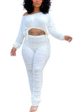 White Fashion Casual Adult Solid Fold O Neck Long Sleeve Regular Sleeve Short Two Pieces