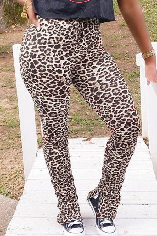 Estampado de leopardo Moda Casual Adulto Twilled Satin Leopard Slit Skinny Bottoms