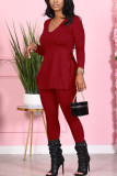 Red Fashion Sexy Adult Solid Patchwork Slit V Neck Long Sleeve Regular Sleeve Regular Two Pieces