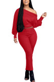Red Fashion Daily Adult Solid Patchwork Oblique Collar Long Sleeve One Shoulder Regular Two Pieces