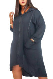 Black Fashion Sexy Adult Solid Pocket Hooded Kraag Negen Punten Mouw Mid Calf Lange Mouw Jurk Jurken