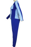Blue Casual Twilled Satin Solid Patchwork Turndown Collar Plus Size 