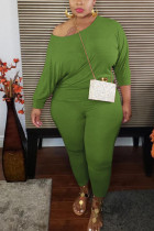 Grönt mode Sexig vuxen fru Solid tvådelad kostym sömnad O-hals Plus Size
