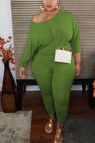 Grönt mode Sexig vuxen fru Solid tvådelad kostym sömnad O-hals Plus Size