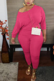 Розовые модные сексуальные взрослые мэм однотонные костюмы из двух частей с круглым вырезом плюс размер