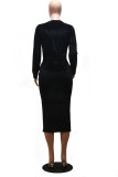 Wine Red Fashion Sexy Milk Fiber Solid Patchwork O Neck Long Sleeve Mid Calf Pencil Skirt Dresses