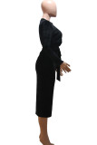 Negro moda sexy fibra de leche parches lisos cuello redondo manga larga media pantorrilla falda lápiz vestidos