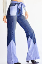 Pantalones con corte de bota y patchwork alto con cordón azul oscuro