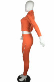 Orange Vêtements de sport décontractés Mélanges de spandex Patchwork Solide Patchwork Pantalon Col à fermeture éclair Manches longues Manches régulières Court Deux Pièces