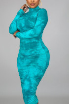 Голубая повседневная юбка-карандаш из саржевого атласа с принтом тай-дай и круглым вырезом плюс размер