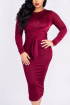 Wine Red Fashion Sexy Milk Fiber Solid Split Joint O Neck Long Sleeve Mid Calf Pencil Skirt Dresses