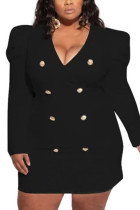 Falda tubo con cuello en V y bolsillo de parches lisos de satén sarga estilo británico negro talla grande