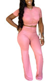 ピンクファッションセクシーな大人の奥様固体ツーピーススーツルーズ半袖ツーピース