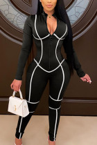 Zwarte sexy melkvezel effen patchwork magere jumpsuits met O-hals