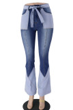 Baby Blue Drawstring High Patchwork Boot Cut Pants Bottoms