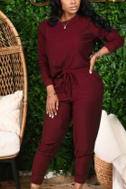 Wine Red Punk Solid O Neck Long Sleeve Regular Sleeve Two Pieces
