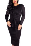 Black Fashion Sexy Milk Fiber Solid Patchwork O Neck Long Sleeve Mid Calf Pencil Skirt Dresses