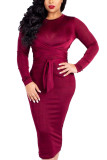 Вино-красное модное сексуальное молочное волокно, однотонное лоскутное платье-юбка-карандаш с круглым вырезом и длинным рукавом до середины икры