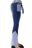 Bota de retalhos alta com cordão azul bebê e calça com corte inferior