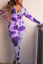 paarse sexy skinny jumpsuits met V-hals en print