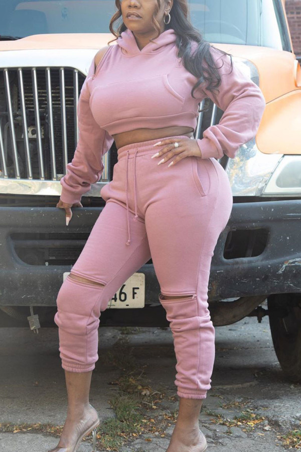 ピンク ファッション カジュアル 大人 固体 パッチワーク フード付き襟 レギュラー スリーブ ショート XNUMX ピース