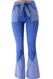 Темно-синие брюки с высоким вырезом в стиле пэчворк и завязками