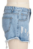 Blue Denim Zipper Fly High Hole lavado Pantalones cortos rectos Bottoms