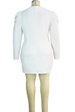 White British Style Twilled Satin Solid Patchwork Pocket V Neck Pencil Skirt Plus Size 