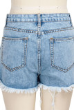 Shorts retos jeans azul bebê com zíper Fly High Hole lavagem