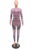 Light Purple Fashion Casual Adult Print Patchwork Letter O Neck Long Sleeve Regular Sleeve Short Two Pieces