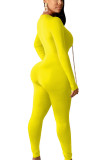 黄色のセクシーなミルクファイバーソリッド包帯チェーンVネックスキニージャンプスーツ