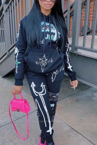 Black Casual Letter Print Hooded Collar Long Sleeve Sweatshirt And Skinny Pants Two Pieces Jogger Sets